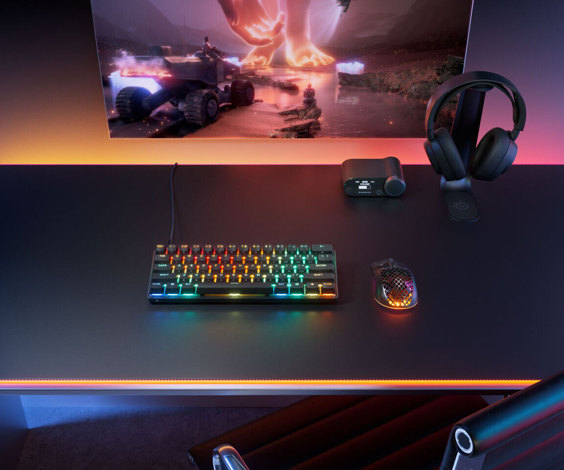 Elegant showcase of modern gaming gear, including a sleek headset and mechanical keyboard