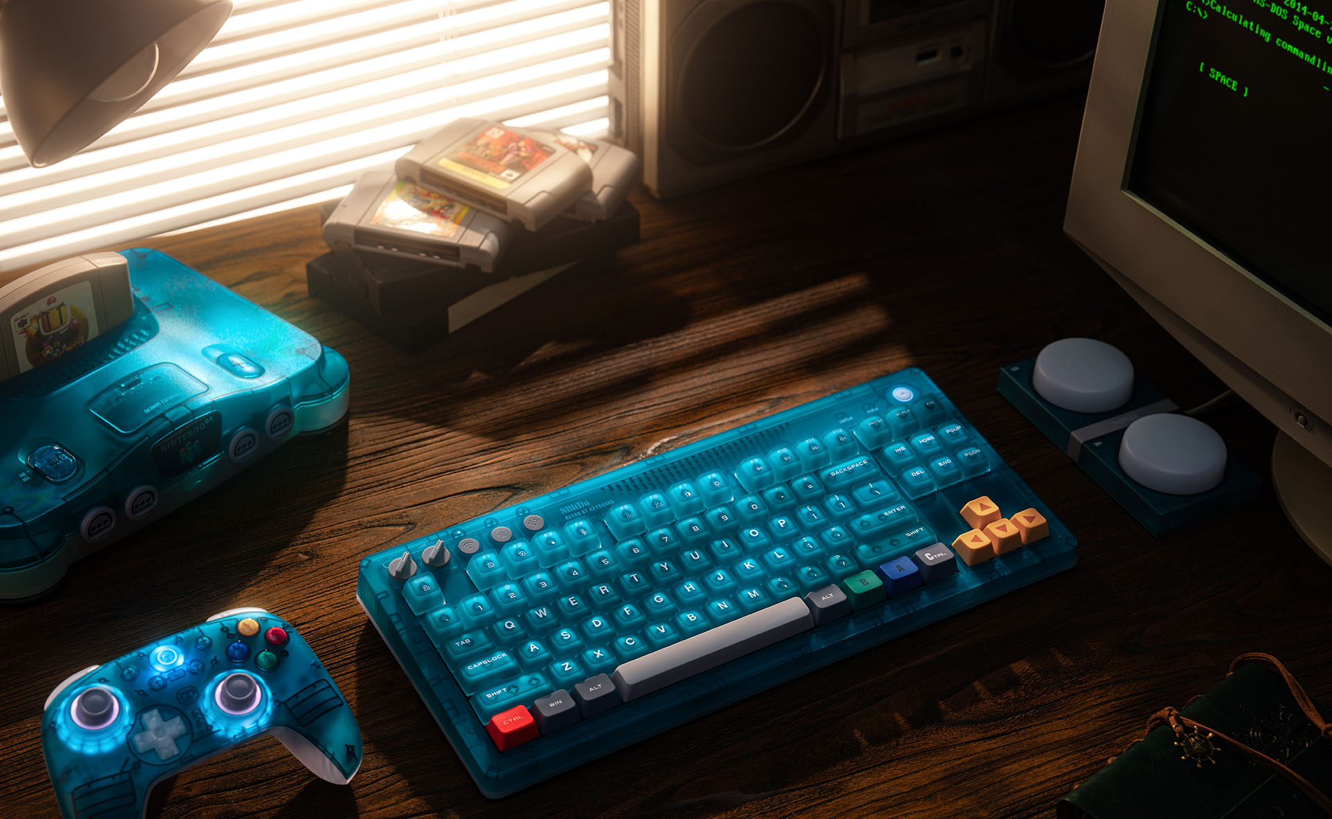 A collection of clean console controllers and premium mechanical keyboard on a wooden desk